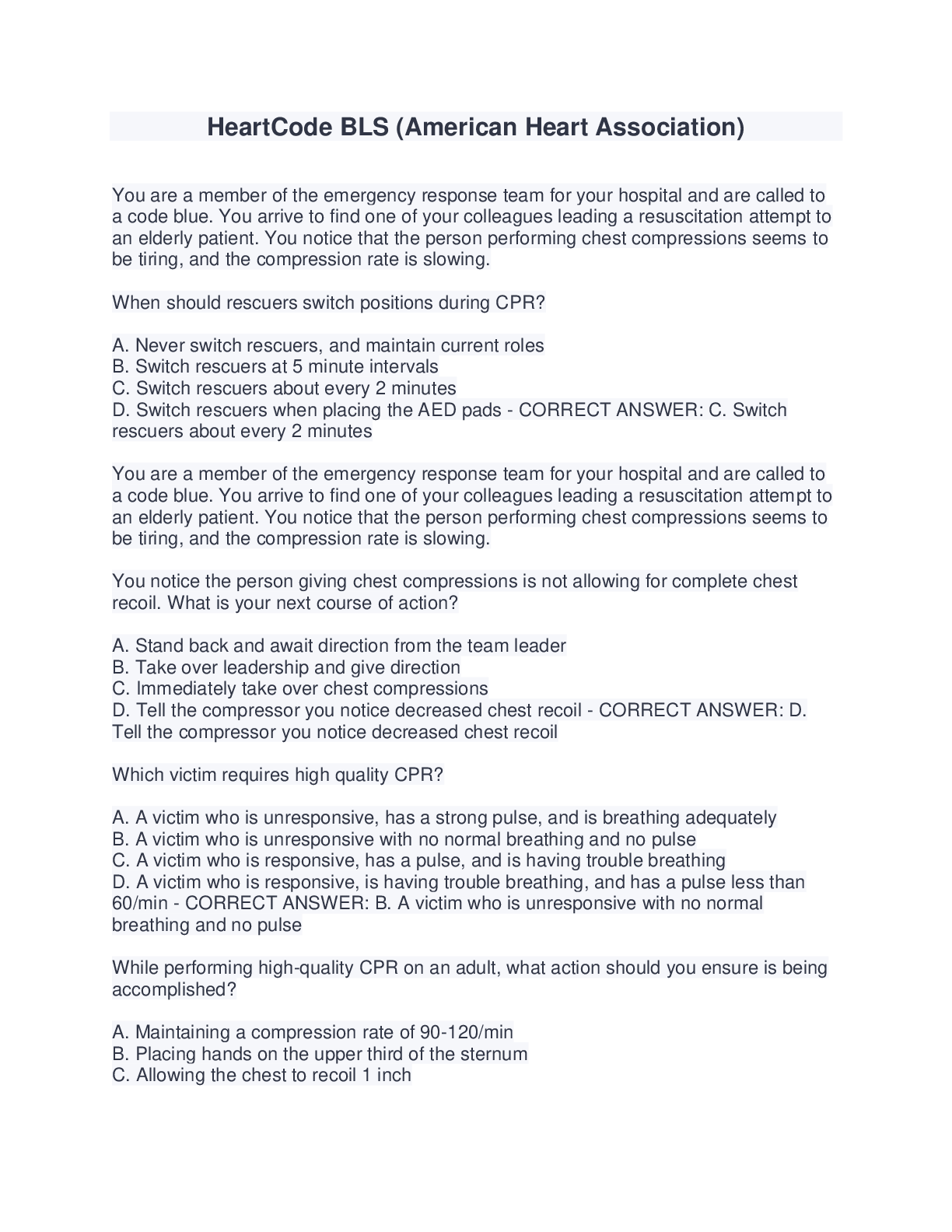 Heart Code BLS (American Heart Association) Browsegrades